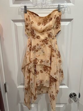 Forever 21 Strapless Floral Handkerchief Hem Dress in Cream and Brown Tie Back